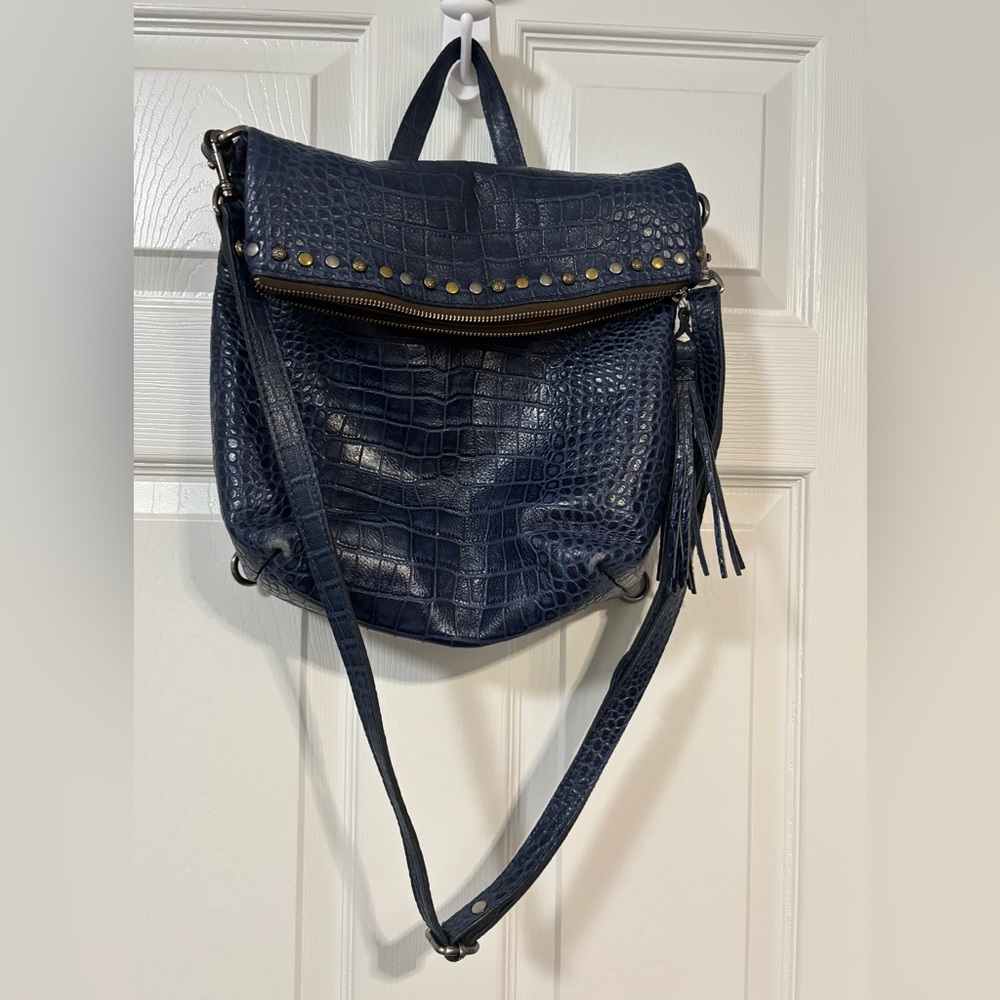 Patricia Nash Blue Backpack with Gold Studs and Tassels